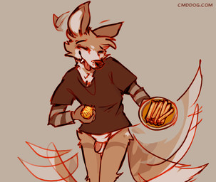 anthro balls biped blep bottomless bottomless_anthro bottomless_male clothed clothing cute_fangs fangs flaccid food genitals holding_food holding_object humanoid_genitalia humanoid_penis male male_anthro penis smile solo t-shirt_on_long_sleeve tail tail_motion tailwag teeth tongue tongue_out lawyerdog cantio_(lawyerdog) canid canine canis coyote mammal 2026 digital_media_(artwork)