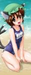absurd_res animal_humanoid beach brown_eyes brown_hair byeontae_jagga cat_humanoid cat_tail chen_(touhou) clothing ear_piercing fangs felid felid_humanoid feline feline_humanoid female hair hat headgear headwear hi_res humanoid jewelry looking_at_viewer mammal mammal_humanoid multi_tail one-piece_swimsuit open_mouth outside piercing school_swimsuit seaside short_hair smile solo swimwear tail teeth touhou
