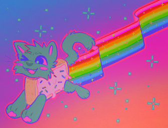 ambiguous_gender dessert feral food fur grey_body grey_fur one_eye_closed open_mouth open_smile smile solo star m1ss1ngtexture nyan_cat_(copyright) pop-tarts nyan_cat domestic_cat felid feline felis mammal 2025 colorful_theme meme
