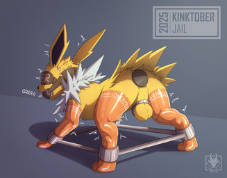 anal anal_penetration armwear backsack ball_gag balls bdsm blindfold bodily_fluids bondage bound buttplug chastity_cage chastity_device clothing drooling feral fur gag gagged genitals latex latex_armwear latex_clothing latex_legwear latex_stockings legwear male object_in_ass penetration plug_(sex_toy) prisoner restraints saliva sex_toy sex_toy_in_ass sex_toy_insertion solo spread_arms spread_legs spreading stockings tail tight_clothing tongue wearing_chastity_cage wearing_chastity_device yellow_body yellow_fur n1k0 kinktober kinktober_2025 nintendo pokemon eeveelution generation_1_pokemon jolteon pokemon_(species) 2025 digital_media_(artwork) hi_res