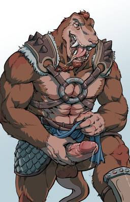 abs anthro armor balls biceps biped bodily_fluids bottomwear brown_body brown_fur clothing erection fangs fur genital_fluids genitals glans harness humanoid_genitalia humanoid_hands humanoid_penis male muscular muscular_anthro muscular_male pauldron pecs penis precum skirt solo teeth vein berububs eupelycosaur gorgonopsid prehistoric_species synapsid therapsid 2022