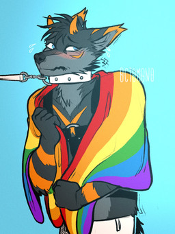 anthro black_harness blue_eyes blush cheek_tuft collar dipstick_ears ear_markings embarrassed facial_tuft fur glistening glistening_eyes grey_body grey_fur grey_hair hair harness horn leash leash_pull lgbt_pride male male_anthro markings mouth_closed multicolored_ears neck_tuft orange_horn orange_markings pride_color_flag short_hair shy solo tuft white_collar 0ct0m0n0 canid canine mammal 3:4 hi_res