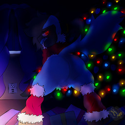anthro backsack balls black_body black_fur black_hair blue_body blue_fur butt christmas_clothing christmas_decorations christmas_lights christmas_present christmas_tree clothing facial_markings fluffy fluffy_hair fur genitals gift glowing glowing_eyes hair head_markings holidays inside looking_at_viewer looking_back looking_back_at_viewer male markings mask_(marking) plant presenting presenting_hindquarters raised_tail red_eyes solo tail thick_thighs tree hurricane_weaver christmas nintendo pokemon fan_character riolu_(somesacredbird) generation_4_pokemon pokemon_(species) riolu 1:1 2025 digital_drawing_(artwork) digital_media_(artwork) english_description hi_res nonbinary_(lore)