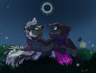 amazed ambiguous_gender anthro baby beak black_body black_feathers black_fur blue_eyes clean_diaper clothed clothing diaper duo eclipse feathers fur grass grass_field green_eyes hoodie impressed looking_at_moon looking_to_sky looking_up multicolored_body multicolored_feathers multicolored_fur night open_mouth outside pantsless plant sitting sky star starry_sky tail tail_feathers topwear touching_another two_tone_body two_tone_feathers two_tone_fur wearing_diaper white_body white_feathers white_fur winged_arms wings young brevity avian bird corvid corvus_(genus) mammal mephitid oscine passerine raven skunk hi_res