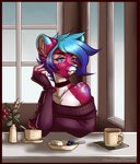 anthro beverage blue_eyes blue_hair blue_nose border clothing container cup cutlery detailed_background female food fur glistening glistening_hair hair inside kitchen_utensils pink_body pink_fur plant red_border short_hair solo spoon sweater tea tools topwear window corkiicorgii felid feline mammal sabertooth_(disambiguation) digital_media_(artwork) half-length_portrait portrait shaded signature soft_shading