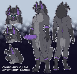 abstract_background animal_genitalia anthro balls black_nose blep butt canine_genitalia erection eyewear fluffy fluffy_tail fur genitals glasses green_eyes hair male muscular muscular_male penis ponytail purple_body purple_fur smile solo standing tail tongue tongue_out twitter_handle the_man diego_(hololing) canid canine mammal maned_wolf 2026 absurd_res digital_media_(artwork) hi_res model_sheet