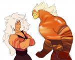 angry breasts cleavage clothed clothing crossed_arms duo female grin hair larger_male male orange_eyes simple_background size_difference smaller_female smile white_background white_hair buyakasha cartoon_network mune:_guardian_of_the_moon steven_universe jasper_(steven_universe) sohone alien alien_humanoid gem_(species) humanoid jasper_(gem_species) quartz_(gem_species) unknown_species crossover hi_res