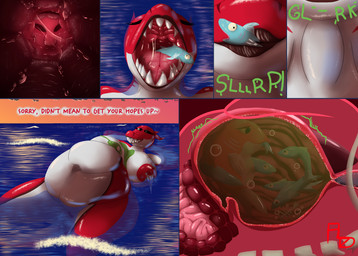 ambiguous_gender anthro anthro_pred big_breasts bodily_fluids breasts digestion_implied eyelashes eyeliner female female_pred feral feral_prey group guts huge_breasts internal intestines liver makeup mouth_shot multicolored_body natural_colors nude open_mouth organs overweight saliva saliva_on_tongue sharp_teeth spine stomach stomach_acid swallowing teasing teeth text tongue uvula vore flightlesslizard akai_(flightlesslizard) fish marine shark english_text hi_res