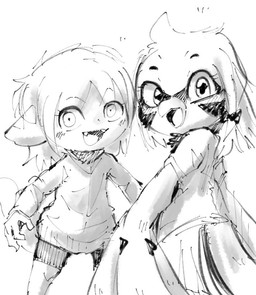 accessory anthro bottomwear bow_ribbon chibi clothed clothing dress duo facial_markings fangs female hair hair_accessory hair_bow hair_ribbon head_markings jacket looking_at_viewer looking_back markings ribbons shorts smile teeth topwear winged_arms wings young young_anthro young_female doneru lisbelle_(doneru) tany_(doneru) avian bamfear bird greyscale monochrome sketch adult_(lore)