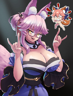 angry asian_clothing big_breasts blush bow_ribbon breasts chibi clothing cosplay east_asian_clothing eyewear fangs female fluffy_ears glasses hair huge_breasts japanese_clothing kimono nude open_mouth pink_hair short_hair teeth gadthegod fate_(series) type-moon caster_tamamo-no-mae koyanskaya_(fate) animal_humanoid canid canid_humanoid canine canine_humanoid fox fox_humanoid humanoid mammal mammal_humanoid absurd_res hi_res