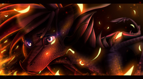black_bars dark feral fire foreshortening glowing hair horn mane mane_hair midair petals pink_eyes red_body red_hair red_scales scales solo tail tail_tuft tuft skaydie mythology dragon mythological_creature mythological_scalie scalie 2014 digital_media_(artwork) letterbox red_theme