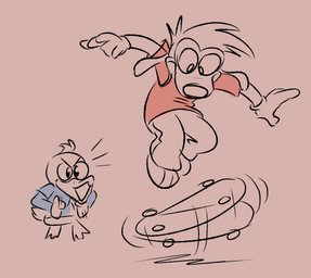 3_toes 4_fingers anthro arms_bent beak bent_legs big_nose blue_clothing blue_shirt blue_topwear bottomless bottomless_anthro bottomless_male bottomwear brown_background brown_beak brown_body brown_bottomwear brown_clothing brown_eyes brown_feathers brown_footwear brown_fur brown_gloves brown_handwear brown_nose brown_pants brown_shoes brown_tail clothed clothed_anthro clothed_male clothing duo excited feathers feet fingers floppy_ears footwear fully_clothed fully_clothed_anthro fully_clothed_male fur furrowed_brow furrowed_eyebrows gloves hair handwear impressed looking_at_another lop_ears male male_anthro membrane_(anatomy) midair motion_lines no_eyebrows no_pupils open_beak open_mouth pants red_clothing red_shirt red_t-shirt red_topwear shirt shoes short_hair simple_background skateboard skateboard_trick t-shirt tail tail_feathers thin_eyebrows toes topwear vehicle webbed_feet insert-thenewbl-here disney ducktales ducktales_(2017) goof_troop dewey_duck max_goof anatid anseriform avian bird canid canine canis domestic_dog duck mammal 2025 colored_sketch digital_drawing_(artwork) digital_media_(artwork) english_description sketch