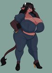 anthro big_breasts black_hair breasts clothed clothing eyebrows eyelashes female footwear green_eyes hair high_heels horn huge_breasts shoes smile solo topwear jwinkz summer_(jwinkz) bovid bovine cattle mammal 2021 hi_res