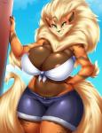 2017 anthro arcanine areola big_breasts breasts canid canine cleavage clothed clothing curvy_figure eyelashes female generation_1_pokemon green_eyes huge_breasts looking_at_viewer mammal midriff mleonheart nintendo pokemon pokemon_(species) pokemorph smile solo thick_thighs voluptuous wide_hips