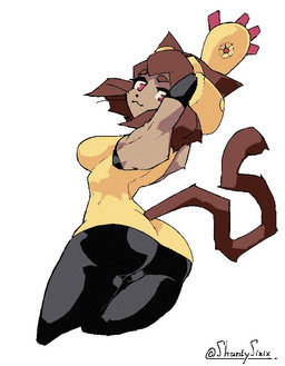 anthro breasts brown_body brown_hair butt eyebrows eyelashes eyewear eyewear_on_head female goggles goggles_on_head hair hand_behind_head red_eyes side_boob solo whiskers shantysixix gameoverse glitch_productions kit_bodega domestic_cat felid feline felis mammal 2026