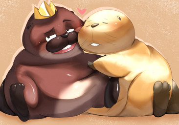 belly big_belly blush brown_body crown duo eyes_closed feral headgear heart_symbol hug kemono king male mature_male overweight overweight_male royalty simple_background sitting sushikorourcon hoppers_(disney) king_george_(hoppers) loaf_(hoppers) beaver mammal rodent 2026 hi_res