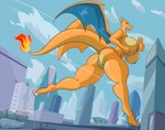 anthro breasts building city claws cloud crowd fast female fire genitals group macro nipples nude pussy running size_difference sky tail wings biskblizk nintendo pokemon chari-gal charizard generation_1_pokemon pokemon_(species)