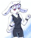 4:5 4_fingers anthro archived_source armband bovid breasts caprine clothing eyewear female fingers fist fur g-sun goat goggles hair horn kemono low_res mammal one-piece_swimsuit open_mouth pink_eyes short_tail simple_background solo swimwear tail white_body white_fur