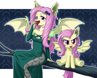 anthro anthrofied apple armwear bat_wings branch breasts cleavage clothed clothing cutie_mark dress duo elbow_gloves fangs female food fruit fur gloves hair handwear in_tree legwear looking_at_viewer membrane_(anatomy) membranous_wings messy_hair pink_hair plant red_eyes sitting small_wings stockings teeth tree wings uotapo friendship_is_magic hasbro my_little_pony flutterbat_(mlp) fluttershy_(mlp) bat bat_pony equid hybrid mammal vampire 2014 5:4