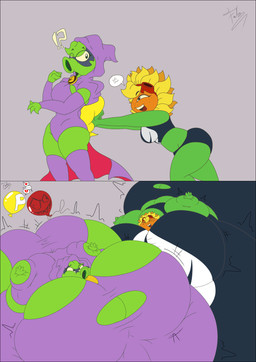 2_panel_comic >:3 air_inflation balloon before_and_after belly belly_expansion big_belly big_breasts big_butt big_cheeks black_border black_bottomwear black_clothing black_crop_top black_eyebrows black_eyes black_hotpants black_mouth black_shirt black_shorts black_topwear blue_mask body_inflation border bottomwear breast_expansion breasts butt butt_expansion cape cheek_expansion clothing crop_top duo exclamation_point expansion eyebrows eyelashes eyes_closed eyewear eyewear_on_head female flower freckled_face freckles goggles goggles_on_head green_body green_hair grey_background hair heart_symbol hood hotpants huge_belly huge_breasts huge_butt huge_cheeks hyper hyper_belly hyper_breasts hyper_butt hyper_inflation immobile inflatable inflation leaf leaf_hair legwear leotard mask motion_lines not_furry open_mouth open_smile orange_face petal_hair petals plant plant_hair power_balloon pseudo_hair puffed_cheeks purple_cape purple_clothing purple_hood purple_legwear purple_leotard purple_thigh_highs question_mark red_eyewear red_goggles red_tongue shirt shorts simple_background siphon_(anatomy) smile speech_bubble teeth thigh_highs tight_clothing tongue topwear torn_clothing yellow_petals yellow_sclera yellow_teeth fabofloresmarquez electronic_arts mario_bros nintendo plants_vs._zombies plants_vs._zombies_heroes popcap_games green_shadow solar_flare_(pvz) elemental_creature elemental_humanoid flora_fauna flower_creature humanoid peashooter_(pvz) plant_humanoid sunflower_(pvz) 2026 absurd_res colored comic digital_media_(artwork) flat_colors hi_res signature