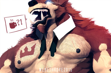 angry anthro black_lips black_nipples black_nose blue_eyes body_hair brown_body brown_fur chest_hair empty_eyes front_view fur glowing glowing_eyes interrobang lips low-angle_view male multicolored_body multicolored_fur muscular muscular_anthro muscular_male nipples open_mouth pecs simple_background solo speech_bubble teeth tusks two_tone_body two_tone_fur white_background white_body white_fur werethrope mythology werethrope_laporte canid canine canis mammal mythological_canine mythological_creature werecanid werecanine werecreature werewolf wolf 2015 bust_portrait digital_media_(artwork) digital_painting_(artwork) painting_(artwork) portrait signature