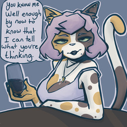 anthro beverage big_breasts blush blush_lines breasts cleavage clothed clothing dialogue ear_piercing female green_eyes hair holding_beverage holding_object inner_ear_fluff jewelry markings mole_(marking) mole_on_breast mole_under_eye mole_under_mouth necklace off_shoulder piercing pink_hair smile smiling_at_viewer solo speech_bubble spots tail text tuft bbravaa polly_(bbravaa) felid mammal 1:1 english_text