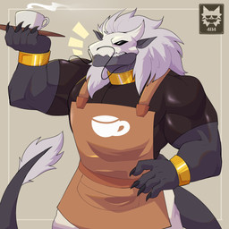 5_fingers anthro apron barista black_clothing black_shirt black_topwear bone bone_mask bottomwear bracelet clothing coffee_cup collar container cup fingers gold_(metal) gold_bracelet gold_collar gold_jewelry grey_body hand_on_side holding_tray jewelry logo male mask metal_collar muscular muscular_arms shirt simple_background skull skull_mask solo tail tail_tuft tight_clothing tight_shirt tight_topwear topwear tuft white_body white_bottomwear white_clothing citsy_404 mythology dragor_(wingzzarts) dragon mythological_creature mythological_scalie scalie 1:1 artist_logo digital_media_(artwork) hi_res