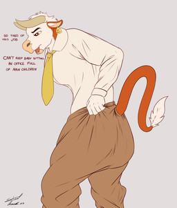 annoyed anthro bottomwear clothed clothing collared_shirt dialogue diaper diaper_under_clothing dress_shirt ear_piercing ear_tag holding_bottomwear holding_clothing holding_object holding_pants khaki_pants looking_down male necktie open_mouth pants piercing sagging_diaper shirt side_view soiled_diaper solo standing text topwear unclean_diaper used_diaper wearing_diaper work_uniform steelshark bovid bovine cattle mammal absurd_res english_text hi_res
