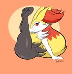 3_toes anthro breasts feet female fluffy fluffy_tail fur legs_up long_ears looking_at_viewer red_eyes sitting stretching tail thick_thighs toes yellow_body yellow_fur daison_the_fox nintendo pokemon braixen canid canine fox generation_6_pokemon mammal pokemon_(species) hi_res