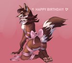 anthro anus birthday bow_ribbon breasts butt claws feet female fluffy genitals gift gift_wrapped hair hindpaw long_hair looking_at_viewer nipples pawpads paws presenting pussy red_body small_breasts smile smirk solo tail kytovection canid canine fox hybrid mammal hi_res