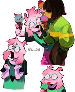 ambiguous_gender anthro big_ears clothing dessert duo eyewear food fur glasses green_clothing green_shirt green_sweater green_topwear head_tuft ice_cream licking licking_ice_cream male pattern_clothing pattern_sweater pattern_topwear pink_body pink_fur shirt simple_background striped_clothing striped_sweater striped_topwear stripes sweater t-shirt tongue tongue_out topwear tuft white_background white_body white_fur yellow_body yellow_skin v_rawr deltarune undertale_(series) kris_dreemurr ralsei bovid caprine darkner goat human mammal hi_res