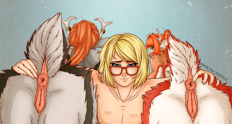 animal_genitalia animal_vulva antlers anus blonde_hair blue_eyes butt butt_focus butt_grab cervine_genitalia cervine_vulva clitoris eyewear female female/female freckles fur genitals glasses green_eyes group hair hand_on_butt horn looking_at_viewer looking_back markings mole_(marking) mole_on_anus multicolored_body multicolored_fur ponytail presenting presenting_anus raised_tail red_hair scut_tail short_tail smile smirk spots spotted_body spotted_fur tail trio twintails_(hairstyle) vulva zuckergelee aurora_moray_(zuckergelee) faeena_shy varvara_shy_(zuckergelee) deer deer_taur human mammal mammal_taur taur 2025 hi_res