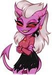 2_horns clothing crossed_arms ear_piercing eyebrows eyelashes female fingers gem hair half-closed_eyes horn humanoid_pointy_ears narrowed_eyes not_furry piercing pointy_ears purple_body purple_skin red_sclera sharp_teeth solo teeth torn_clothing white_hair esmeia helluva_boss mrs._mayberry_(helluva_boss) demon demon_humanoid humanoid 2021