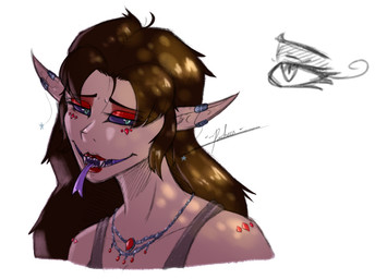 anthro apode big_mouth_(anatomy) brown_hair clothing dress eyelashes eyeshadow fangs female female/female forked_tongue green_eyes hair jewelry legless light long_ears long_hair makeup necklace pink_light purple_sclera red_body red_eyeshadow red_scales scales serpentine solo sunlight teeth tongue translucent translucent_clothing translucent_dress wide_mouth yellow_light pacheco draconcopode humanoid naga headshot_portrait portrait sketch