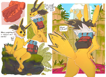 anthro biped black_sclera blue_eyes blush butt claws day feet female fingers front_view fur hair navel nude nude_anthro nude_female outside rear_view sitting sky smile solo standing tail text toes yellow_body oxfort2199 nintendo pokemon eeveelution generation_1_pokemon jolteon pokemon_(species) 2026 comic digital_drawing_(artwork) digital_media_(artwork) english_text hi_res