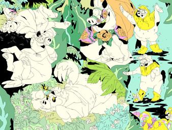 ambiguous_gender anthro detailed_background grass hooves nature plant raining solo 2n2n equid equine horse mammal 2015 hi_res restricted_palette