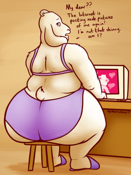 anthro big_butt bra butt clothing computer_monitor female fur horn huge_butt long_ears mature_anthro mature_female overweight overweight_anthro overweight_female solo text underwear white_body white_fur oystercatcher7 undertale undertale_(series) toriel boss_monster_(undertale) bovid caprine goat mammal 3:4 english_text hi_res