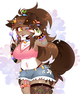 accessory alternative_fashion barbell_piercing blush blush_lines breasts candy collar decora_(fashion) dessert eyelashes female food hair_accessory hairpin j-fashion lollipop long_eyelashes navel navel_piercing piercing solo sticker string thong_straps orcaocean canid canine canis domestic_dog mammal absurd_res hi_res