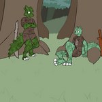 1:1 2014 anthro claws clothed clothing digital_media_(artwork) digitigrade dirty duo fen_(lagotrope) grass green_body green_skin horn kobold lagotrope male melee_weapon outline outside plant pupils sitting slit_pupils standing story story_at_source story_in_description sword tgchan toe_claws topwear tree weapon zizi_(lagotrope)
