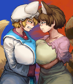 big_breasts blonde_hair blush breast_squish breasts breasts_frottage brown_eyes brown_hair clothing dress duo eye_contact eyewear face_to_face female glasses hair human_and_animal_ears looking_at_another multi_ear narrowed_eyes pince-nez squish teeth wearing_glasses white_clothing white_dress yellow_eyes chanta touhou mamizou_futatsuiwa ran_yakumo animal_humanoid canid canid_humanoid canine canine_humanoid fox_humanoid humanoid mammal mammal_humanoid tanuki_humanoid hi_res
