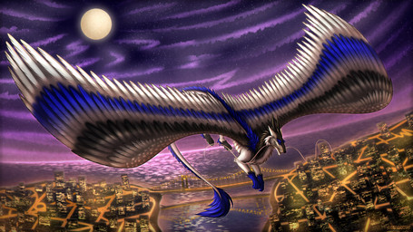 bridge city detailed_background feathers feral flying fur lights male moon night sea sky solo tail water shadarrius mythology dragon mythological_creature mythological_scalie scalie 16:9 widescreen