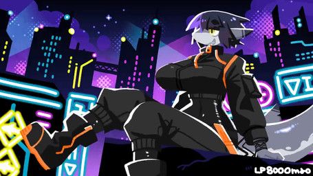 anthro black_clothing black_hair boots bouncing_breasts breasts city cityscape clothed clothing female footwear fully_clothed hair highlights_(coloring) neon night purple_hair purple_highlights shark_tail sharp_teeth shoes smile solo teeth zipper lp8000mao aquatic fish shark 16:9 animated no_sound short_playtime video widescreen