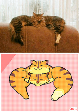 2_heads ambiguous_gender comparison eyes_closed feral fur inside multi_head pink_background simple_background solo striped_body striped_fur stripes walking keke_(artist) domestic_cat felid feline felis mammal animated frame_by_frame loop low_res photography_(artwork) reference_image