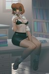 anthro barefoot bedroom_eyes book bottomwear bra bracelet breasts clothed clothing eyewear feet female glasses jewelry library looking_at_viewer narrowed_eyes open_clothing open_shirt open_topwear pencil_skirt seductive shirt sitting_on_desk skirt solo topwear underwear miles_df disney goof_troop sylvia_marpole canid canine mammal