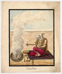 2_horns 5_fingers 5_toes armlet biped campfire carpet clothed clothed_humanoid clothed_male clothing conch container detailed_background feet fingers fire for_a_head gem holding_object horn humanoid_feet humanoid_hands indian_clothing jewelry male male_humanoid necklace outside pearl_(gem) pearl_necklace plantigrade religion shawl side_view sitting sky smoke solo text toes wall_(structure) unknown_artist asian_mythology hindu_mythology hinduism mythology public_domain daksha_(deity) animal_head animal_humanoid bovid bovid_humanoid caprine caprine_humanoid deity deva goat_humanoid humanoid mammal mammal_humanoid 19th_century absurd_res ancient_art character_name hi_res painting_(artwork) traditional_media_(artwork) traditional_painting_(artwork) traditional_watercolor_(artwork) watercolor_(artwork)