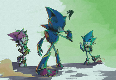 accessory ambiguous_gender annoyed anthro blue_body bottomwear bow_ribbon clothing dust_cloud female footwear gloves green_eyes group grumpy hair_accessory hair_bow hair_ribbon handwear machine male pink_body pleated_skirt red_eyes ribbons shoes skirt sneakers taunting trio zottgrammes sega sonic_the_hedgehog_(series) amy_rose metal_sonic sonic_the_hedgehog eulipotyphlan hedgehog mammal robot robot_anthro hi_res