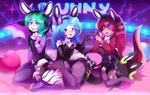 anthro bunny_costume clothing costume fake_ears fake_rabbit_ears female femboy group intersex latex male neon_lights sex wings miumyara playboy dinosaur felid feline lagomorph leporid mammal prehistoric_species rabbit reptile scalie