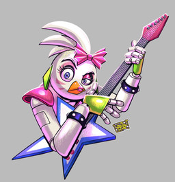 accessory anthro beak beakstick blue_eyes bow_(feature) bow_accessory bow_ribbon bracelet electric_guitar eyebrows eyelashes eyeshadow facial_markings female furgonomics grey_background guitar hair_accessory hair_bow hair_ribbon head_markings jewelry lipstick machine makeup markings musical_instrument one_eye_half-closed orange_beak parody pink_markings playing_guitar playing_music plucked_string_instrument raised_eyebrow ribbons simple_background solo string_instrument text white_body ultrahyper dreamworks five_nights_at_freddy's five_nights_at_freddy's:_security_breach scottgames steel_wool_studios the_road_to_el_dorado glamrock_chica animatronic avian bird chicken galliform phasianid robot robot_anthro 2022 artist_name hi_res watermark