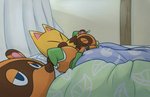 anthro bed bedding blanket brown_body brown_fur chibi clothing eyes_closed fur furniture group hat headgear headwear male male_anthro pillow magictukai_aaaa animal_crossing nintendo crazy_redd timmy_nook tom_nook_(animal_crossing) tommy_nook canid canine fox mammal raccoon_dog tanuki 2020 hi_res brother_(lore) brothers_(lore) nephew_(lore) sibling_(lore) twins_(lore) uncle_(lore) uncle_and_nephew_(lore)