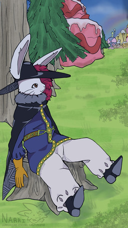 ambiguous_gender anthro brown_eyes cake candy cloak clothed clothing dessert fancy_clothing food forest gloves handwear hat headgear headwear male plant plume solo stump tree yumuyumu randolph_(one_piece) lagomorph leporid mammal rabbit 9:16